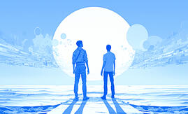 two men standing shoulder-to-shoulder, looking out across a distant horizon